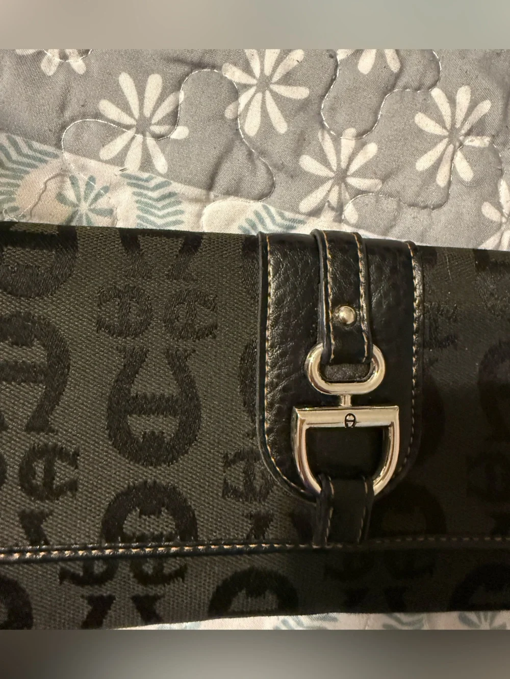 Etienne Aigner Black Signature Monogram Trifold Checkbook Organizer Wallet